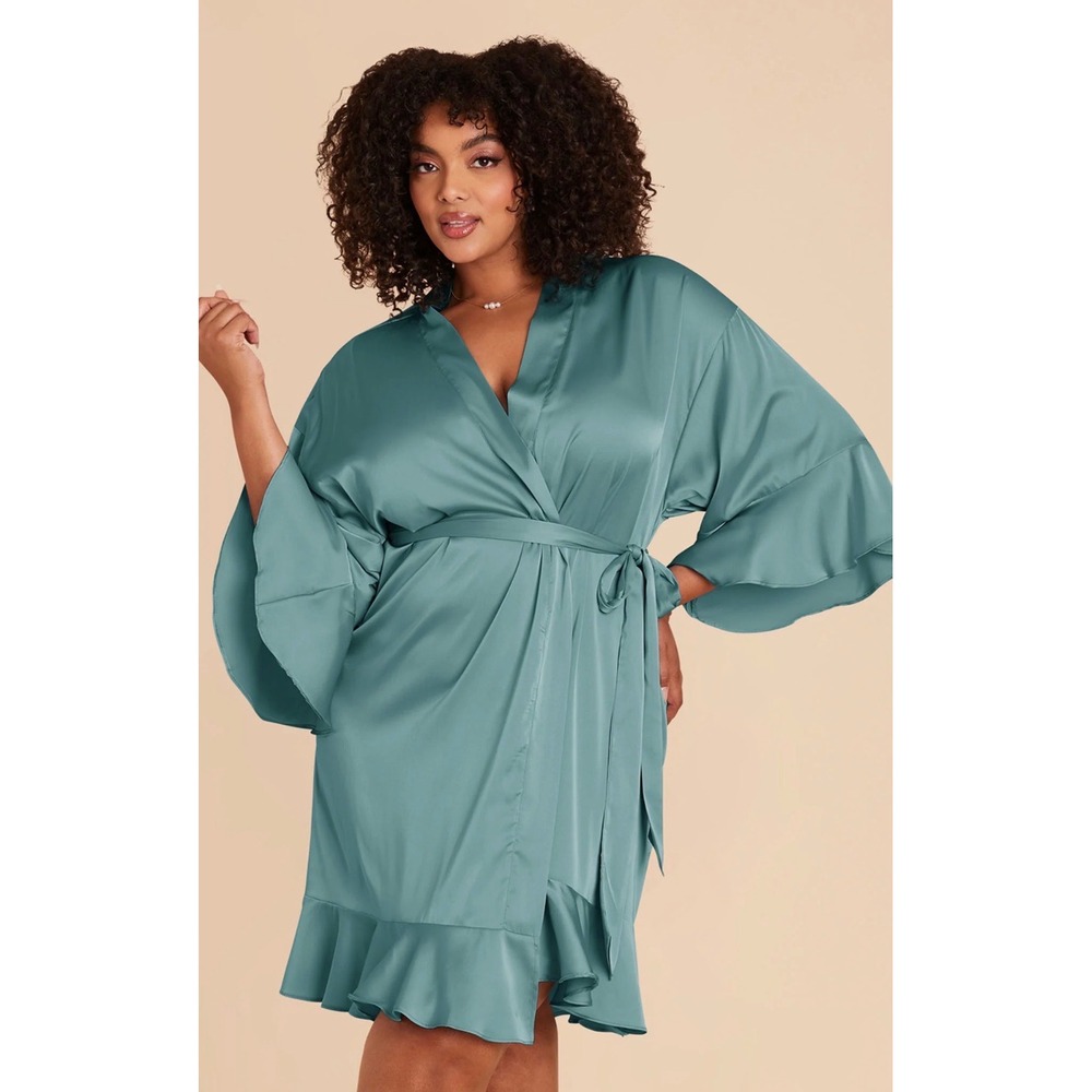Birdy Grey Sage Green Satin Ruffle Robe Bell Sleeve M/L Bridal Loungewear